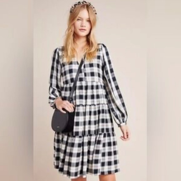 ANTHROPOLOGIE  Maeve 100% Viscose Tiered Plaid Midi Dress Partly Lined US Sz XS - Picture 1 of 14